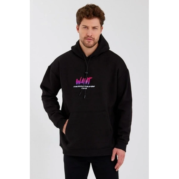 Erkek 3 İplik Pamuklu Kapüşonlu Baskılı Cepli Oversize Sweatshirt Hoodie - Siyah