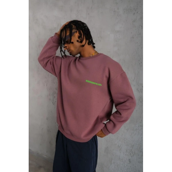 Erkek Bisiklet Yaka Baskılı 3 iplik pamuklu Sweatshirt - Gül Kurusu