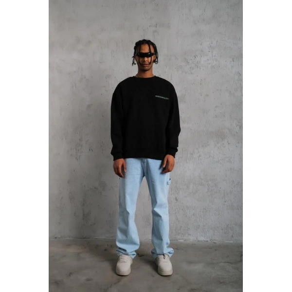 Erkek Bisiklet Yaka Baskılı 3 iplik pamuklu Sweatshirt - Siyah
