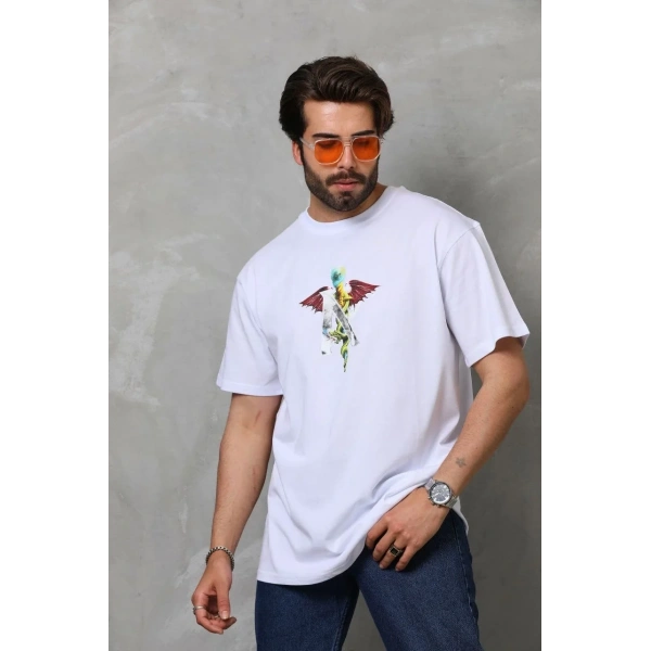 Erkek Baskılı T-Shirt Kısa Kol Bisiklet Yaka Regular Fit Rahat Kalıp Tişört -  Beyaz