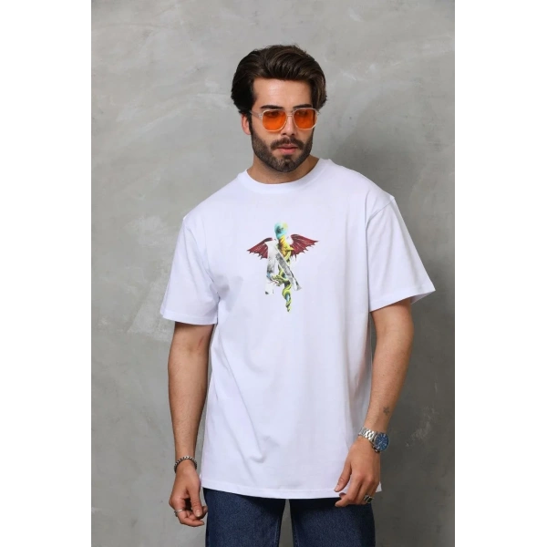 Erkek Baskılı T-Shirt Kısa Kol Bisiklet Yaka Regular Fit Rahat Kalıp Tişört -  Beyaz