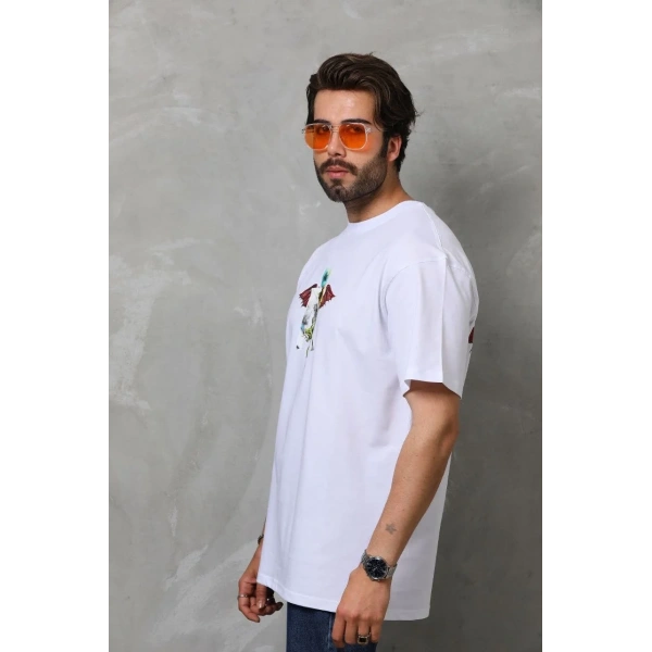 Erkek Baskılı T-Shirt Kısa Kol Bisiklet Yaka Regular Fit Rahat Kalıp Tişört -  Beyaz