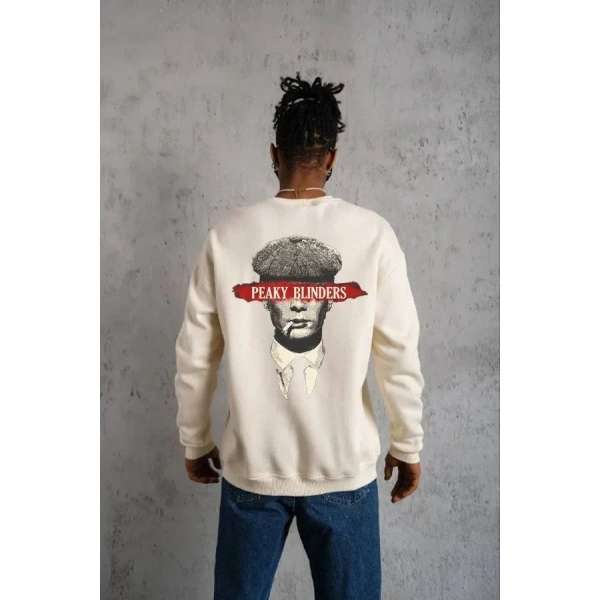 ERKEK 3 İplik Pamuklu Bisiklet Yaka Baskılı Oversize Sweatshirt - Beyaz