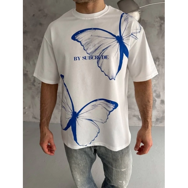 Erkek Kısa Kol Yazlık Tişört Bisiklet Yaka Baskılı Oversize T-Shirt - Beyaz