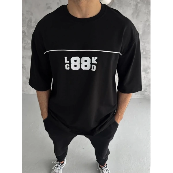 Erkek Kısa Kol Yazlık Tişört Bisiklet Yaka Baskılı Oversize T-Shirt - Siyah