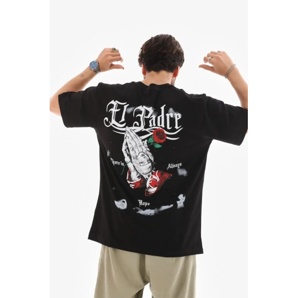 Erkek Kısa Kol Yazlık Tişört Bisiklet Yaka Baskılı Oversize T-Shirt - Siyah
