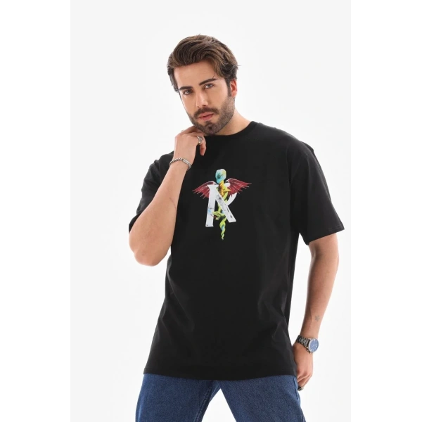 Erkek Baskılı T-Shirt Kısa Kol Bisiklet Yaka Regular Fit Rahat Kalıp Tişört -  Siyah