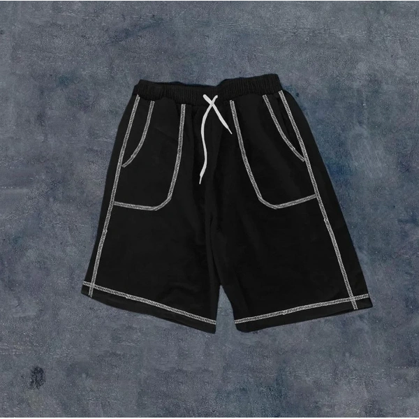 Erkek  Dikişli Cepli Oversize Şort - Siyah