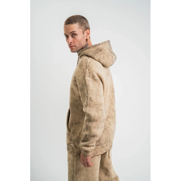 ERKEK 3 iplik Pamuklu Oversize Kapüşonlu Yıkamalı Hoodie SweatShirt - Bej
