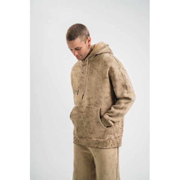 ERKEK 3 iplik Pamuklu Oversize Kapüşonlu Yıkamalı Hoodie SweatShirt - Bej