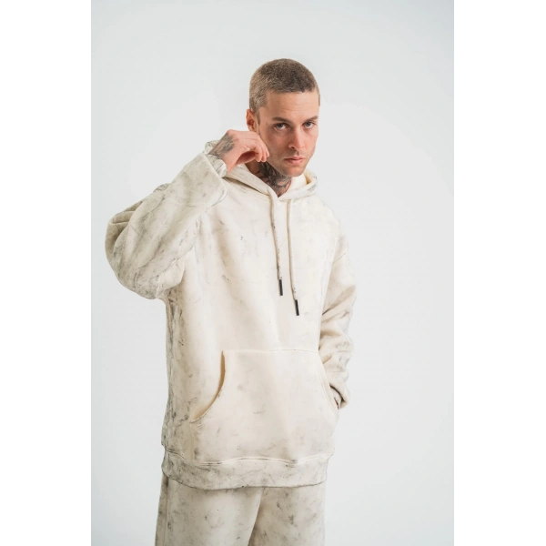 ERKEK  3 iplik Pamuklu Oversize Kapşonlu Yıkamalı SweatShirt Hoodie - Krem