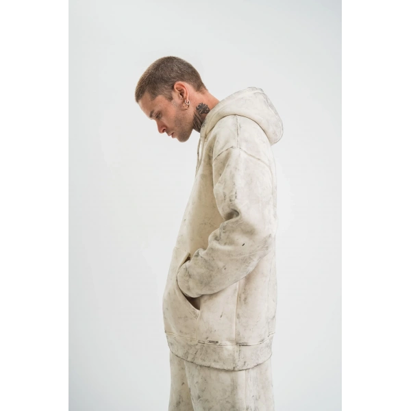 ERKEK  3 iplik Pamuklu Oversize Kapşonlu Yıkamalı SweatShirt Hoodie - Krem