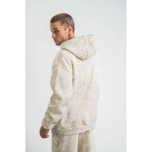 ERKEK  3 iplik Pamuklu Oversize Kapşonlu Yıkamalı SweatShirt Hoodie - Krem