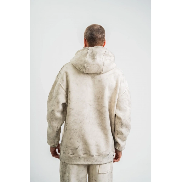 ERKEK  3 iplik Pamuklu Oversize Kapşonlu Yıkamalı SweatShirt Hoodie - Krem