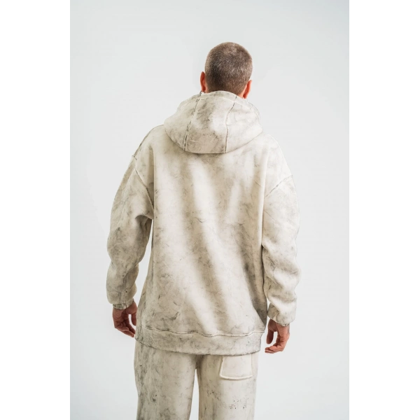 ERKEK  3 iplik Pamuklu Oversize Kapşonlu Yıkamalı SweatShirt Hoodie - Krem