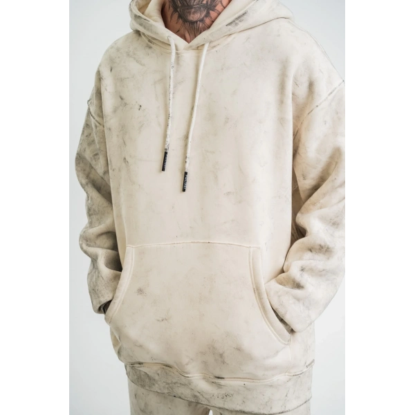 ERKEK  3 iplik Pamuklu Oversize Kapşonlu Yıkamalı SweatShirt Hoodie - Krem