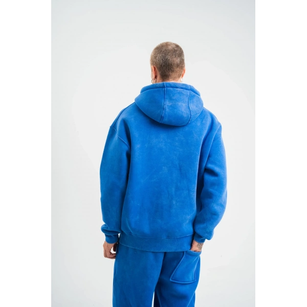 ERKEK 3 İplik Pamuklu Oversize Kapüşonlu Yıkamalı Hoodie SweatShirt - Mavi