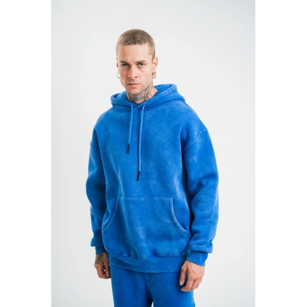 ERKEK 3 İplik Pamuklu Oversize Kapüşonlu Yıkamalı Hoodie SweatShirt - Mavi
