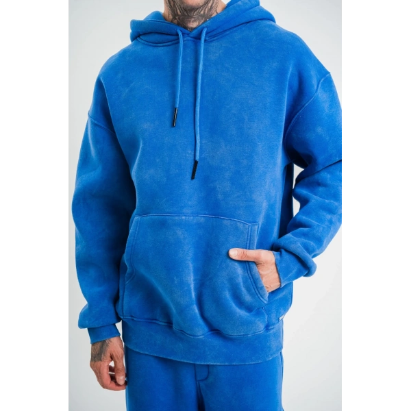 ERKEK 3 İplik Pamuklu Oversize Kapüşonlu Yıkamalı Hoodie SweatShirt - Mavi
