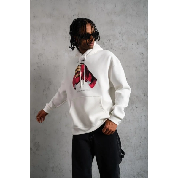 Erkek Kapüşonlu Cepli Boks Eldiven Baskılı 3 İplik Sweatshirt Hoodie - Beyaz