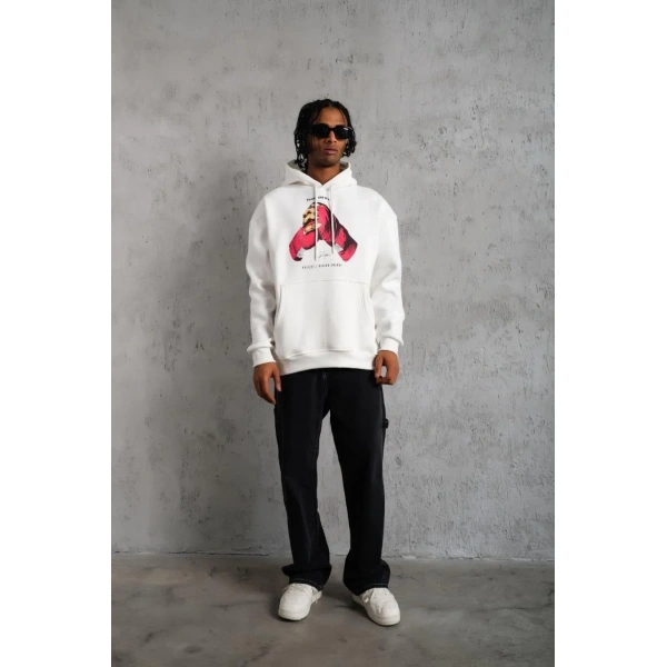 Erkek Kapüşonlu Cepli Boks Eldiven Baskılı 3 İplik Sweatshirt Hoodie - Beyaz