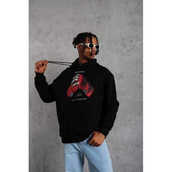 Erkek Kapüşonlu Cepli Box Eldiven Baskılı 3 İplik Sweatshirt Hoodie - Siyah