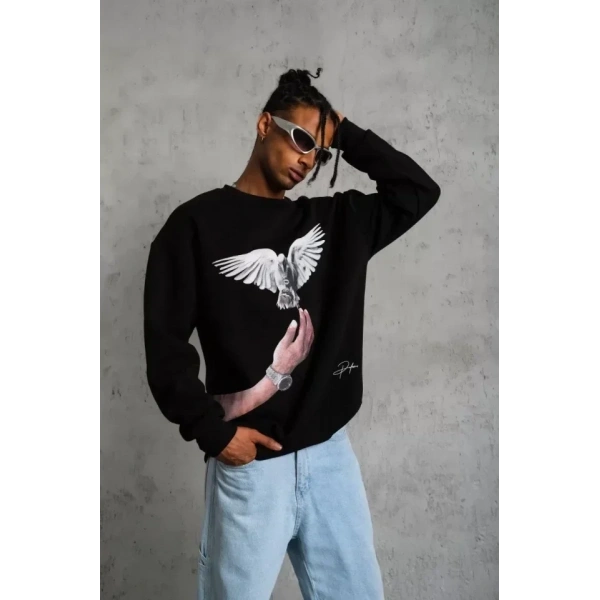 Erkek Güvercin Baskılı Sweatshirt - Siyah