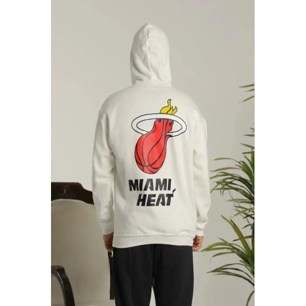 Erkek 3 İplik Pamuklu Kapüşonlu Baskılı Cepli Oversize Sweatshirt Hoodie - Beyaz