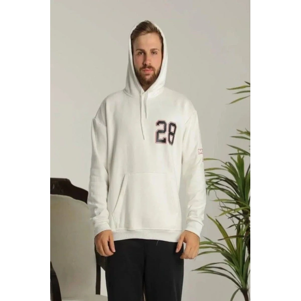 Erkek 3 İplik Pamuklu Kapüşonlu Baskılı Cepli Oversize Sweatshirt Hoodie - Beyaz