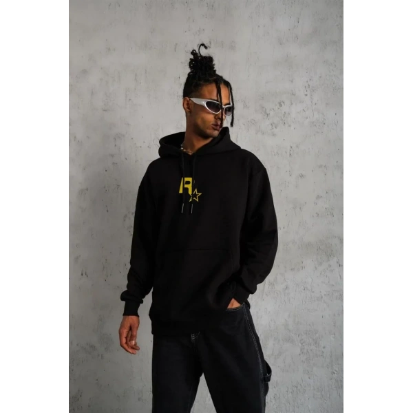 Erkek 3 İplik Pamuklu Kapüşonlu Baskılı Cepli Oversize Sweatshirt Hoodie - Siyah