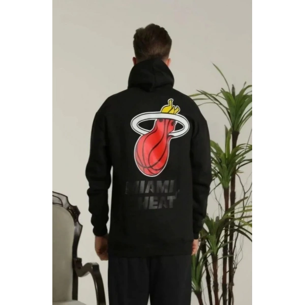 Erkek 3 İplik Pamuklu Kapüşonlu Baskılı Cepli Oversize Sweatshirt Hoodie - Siyah