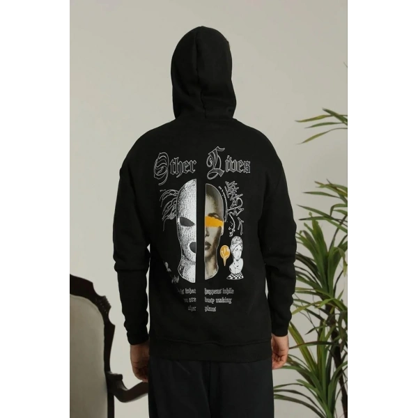 Erkek Kapüşonlu Kanguru Cepli Sweatshirt 3 İplik Pamuklu Baskılı Hoodie - Siyah