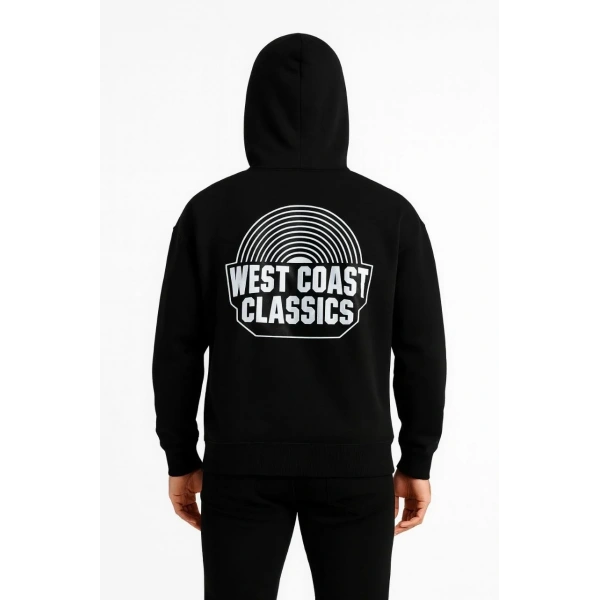 Erkek Kapüşonlu Kanguru Cepli Sweatshirt 3 İplik Pamuklu Baskılı Hoodie -  Siyah