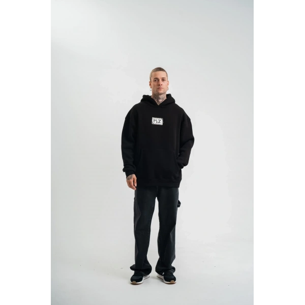 ERKEK 3 İplik Pamuklu Kapüşonlu Patchli Nakışlı Hoodie SweatShirt - Siyah