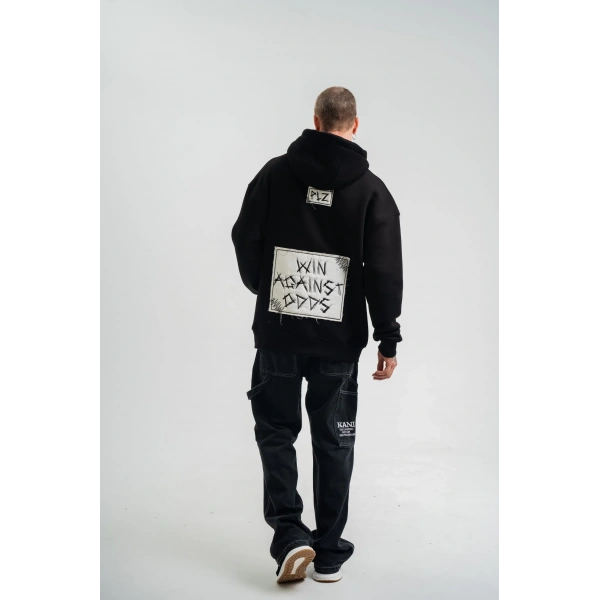 ERKEK 3 İplik Pamuklu Kapüşonlu Patchli Nakışlı Hoodie SweatShirt - Siyah