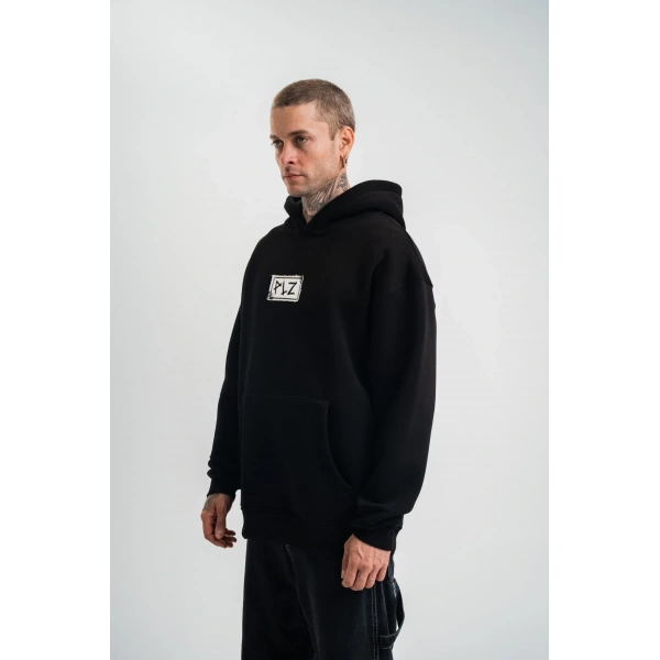 ERKEK 3 İplik Pamuklu Kapüşonlu Patchli Nakışlı Hoodie SweatShirt - Siyah
