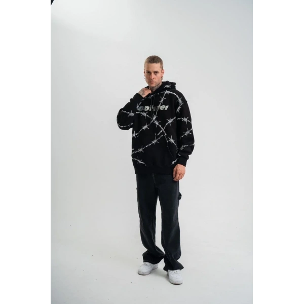 ERKEK Kapüşonlu Varak ve Pano Baskılı Hoodie  SweatShirt- Siyah