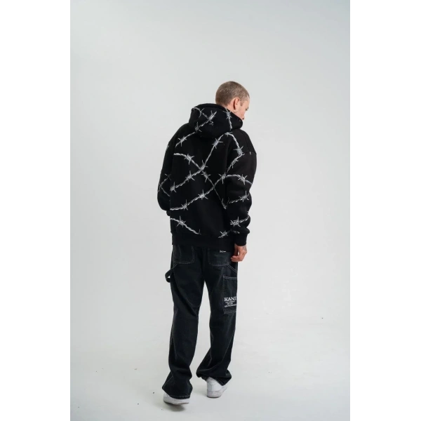 ERKEK Kapüşonlu Varak ve Pano Baskılı Hoodie  SweatShirt- Siyah