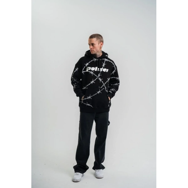 ERKEK Kapüşonlu Varak ve Pano Baskılı Hoodie  SweatShirt- Siyah