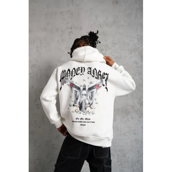 Erkek 3 İplik Pamuklu Baskılı Kapüşonlu Cepli Sweatshirt Hoodie - Beyaz