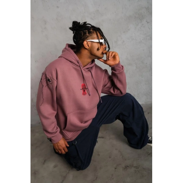 Erkek 3 İplik Pamuklu Kapüşonlu Baskılı Cepli Sweatshirt Hoodie - Gül Kurusu