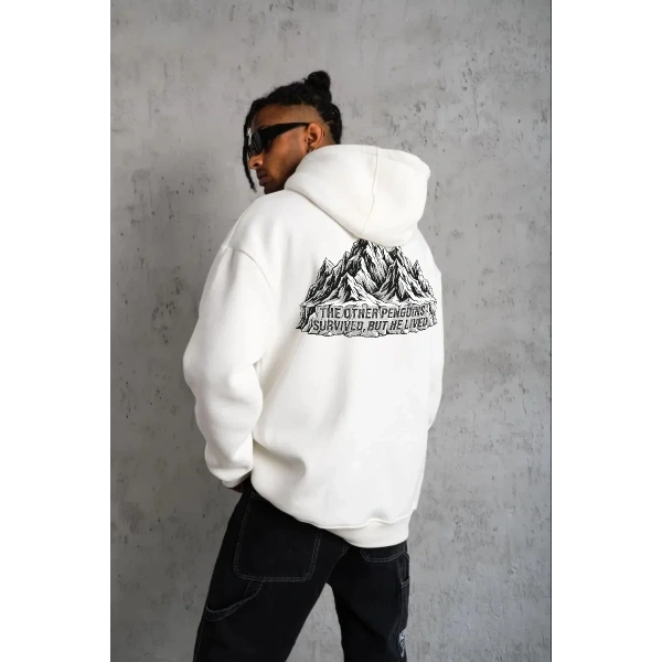 Erkek Nihilist Penguen Baskılı 3 İplik Pamuklu Kapüşonlu Sweatshirt Hoodie Beyaz