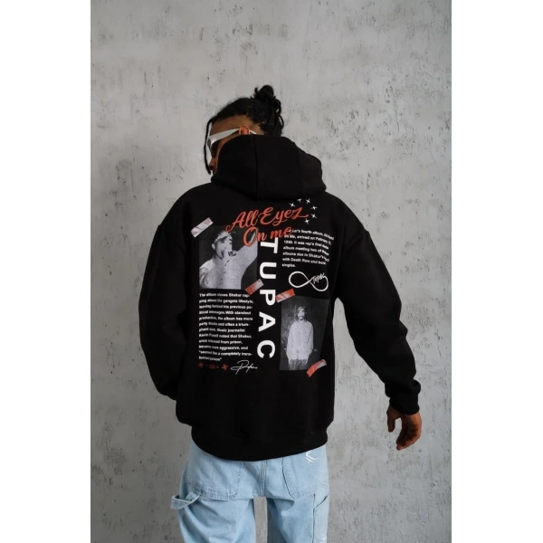 Erkek 3 İplik Pamuklu Kapüşonlu Baskılı Cepli Oversize Sweatshirt Hoodie - Siyah