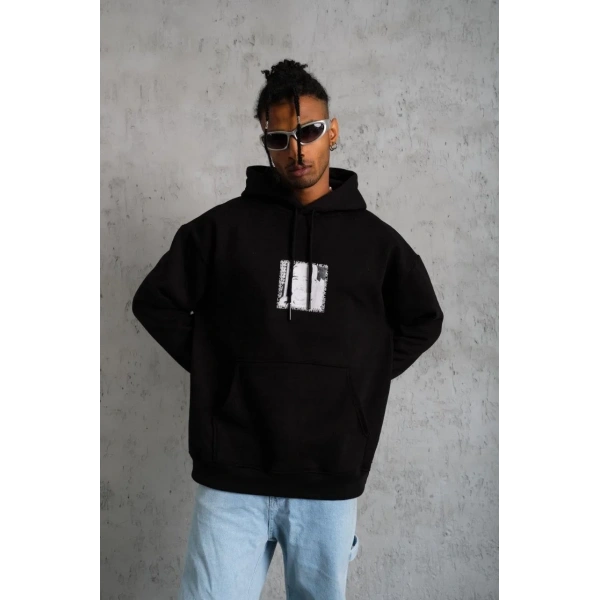 Erkek 3 İplik Pamuklu Kapüşonlu Baskılı Cepli Oversize Sweatshirt Hoodie - Siyah