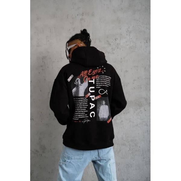 Erkek 3 İplik Pamuklu Kapüşonlu Baskılı Cepli Oversize Sweatshirt Hoodie - Siyah