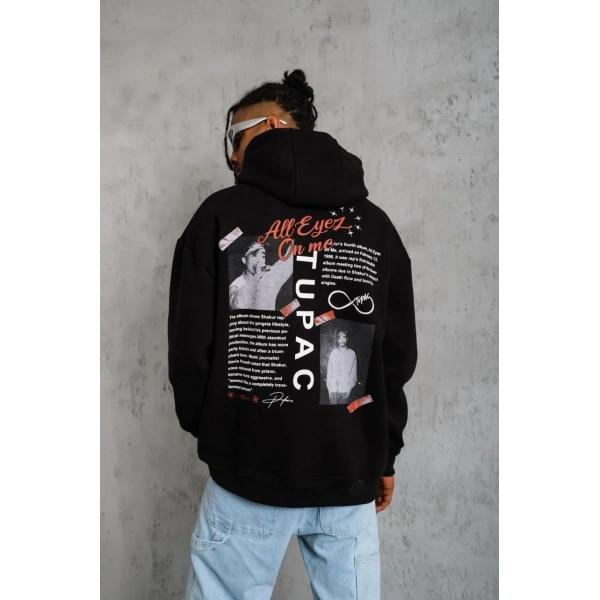 Erkek 3 İplik Pamuklu Kapüşonlu Baskılı Cepli Oversize Sweatshirt Hoodie - Siyah