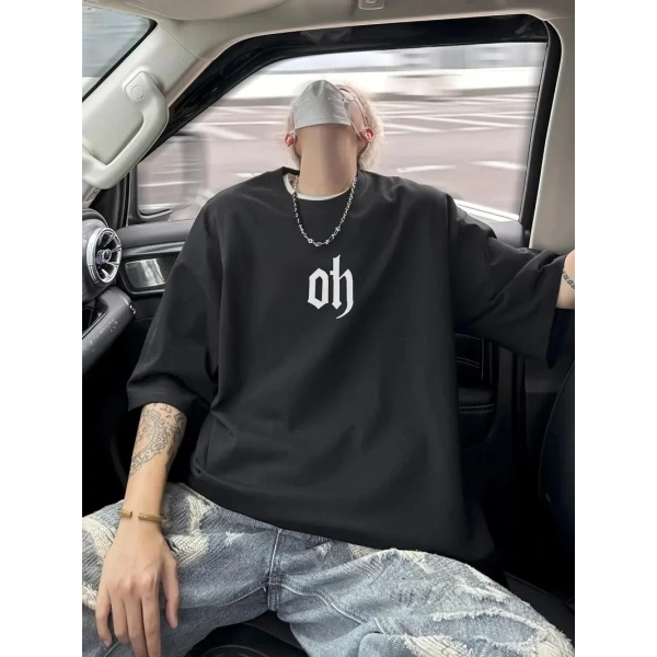 Erkek Kısa Kol Yazlık Tişört Bisiklet Yaka Baskılı Oversize T-Shirt - Siyah
