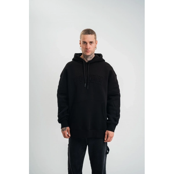 Erkek 3 İplik Pamuklu Oversize Kapüşonlu Nakışlı Hoodie SweatShirt - Siyah