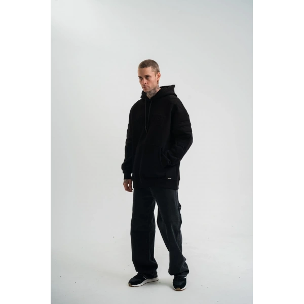 Erkek 3 İplik Pamuklu Oversize Kapüşonlu Nakışlı Hoodie SweatShirt - Siyah