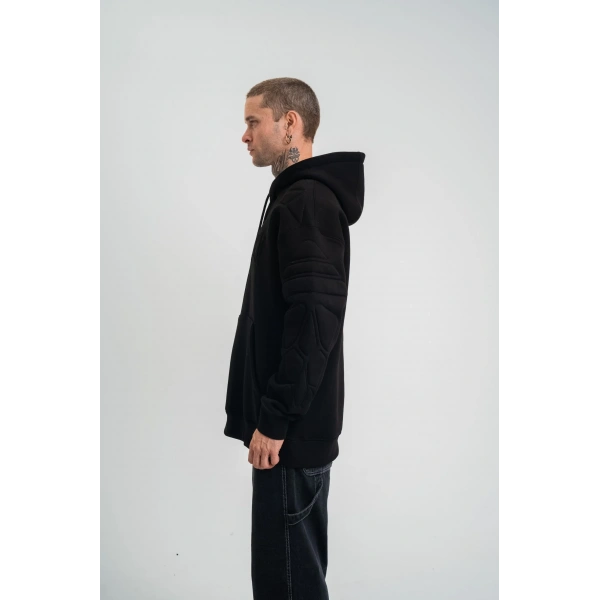 Erkek 3 İplik Pamuklu Oversize Kapüşonlu Nakışlı Hoodie SweatShirt - Siyah